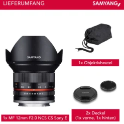 Samyang Weitwinkel Festbrennweite Objektiv 12mm F2.0 APS-C kompatibel mit Sony E – APS-C, MF – für Kameras Alpha 6600 6500 6400 6300 6100 6000 5100 5000 – schwarz