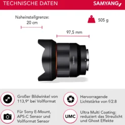 Samyang Weitwinkel Objektiv AF 14mm F2,8 kompatibel mit Sony FE – Autofokus Ultra mit 14 mm Festbrennweite – für spiegellose Vollformat und APS-C Kameras mit E Mount – Metallgehäuse