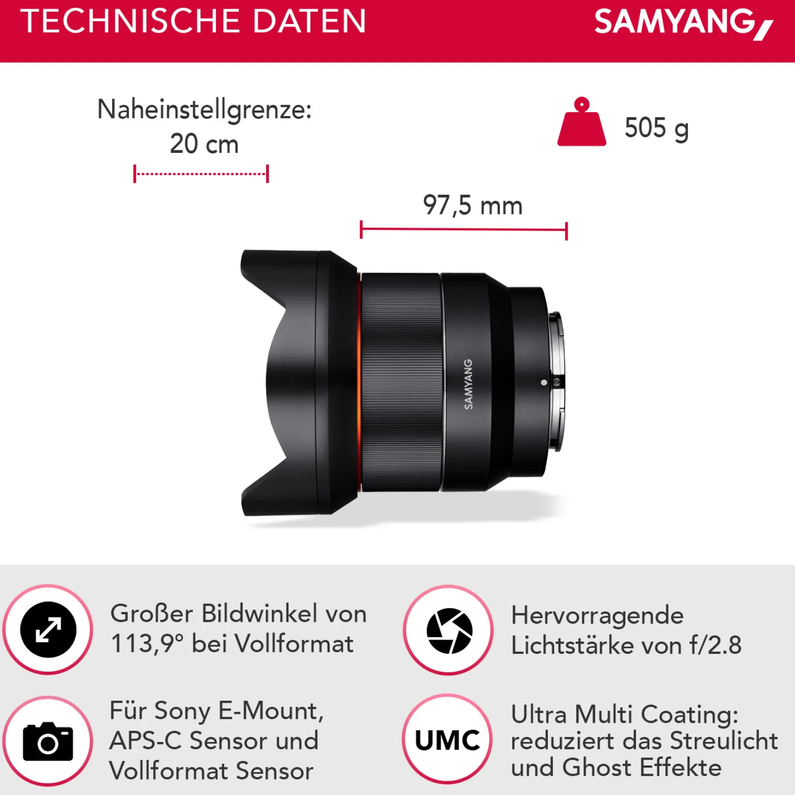Samyang Weitwinkel Objektiv AF 14mm F2,8 kompatibel mit Sony FE – Autofokus Ultra mit 14 mm Festbrennweite – für spiegellose Vollformat und APS-C Kameras mit E Mount – Metallgehäuse