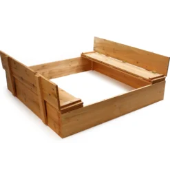 Sandkasten mit Deckel 2 Sitzbänke 98 x 98 x 18 cm, Sandkiste aus Holz mit klappbaren Bänken, Sandkasten mit Abdeckung, Sandbox mit Vliesboden