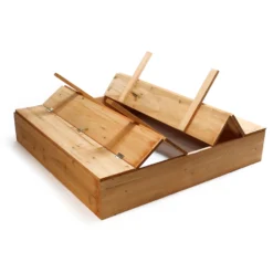 Sandkasten mit Deckel 2 Sitzbänke 98 x 98 x 18 cm, Sandkiste aus Holz mit klappbaren Bänken, Sandkasten mit Abdeckung, Sandbox mit Vliesboden