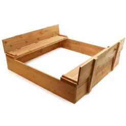 Sandkasten mit Deckel 2 Sitzbänke 98 x 98 x 18 cm, Sandkiste aus Holz mit klappbaren Bänken, Sandkasten mit Abdeckung, Sandbox mit Vliesboden