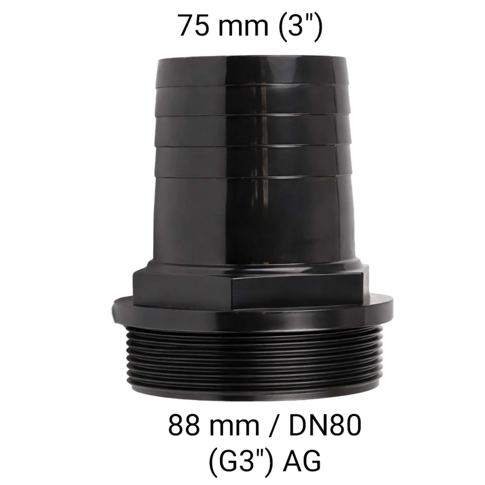 Schlauchtülle Ø75mm (3") aus Kunststoff mit 88mm DN80 (G3") AG Ersatzteil für Schmutzwasserpumpe