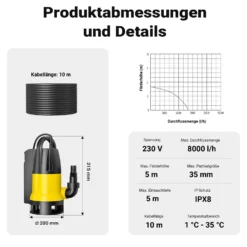 Schmutzwasserpumpe 8000 l/h 400 W, max. Förderhöhe 5 m, Fremdkörper bis Ø 35 mm
