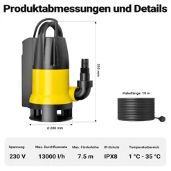 Schmutzwasserpumpe 13000 l/h 750 W, max. Förderhöhe 7,5 m, Fremdkörper bis Ø 35 mm