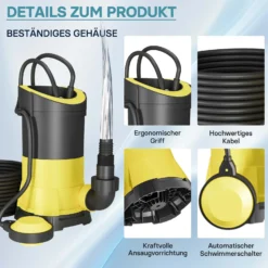 Schmutzwasserpumpe 5.000l/h, 250W, max. Förderhöhe 6m, Fremdkörper bis max. Ø5mm