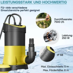 Schmutzwasserpumpe 5.000l/h, 250W, max. Förderhöhe 6m, Fremdkörper bis max. Ø5mm