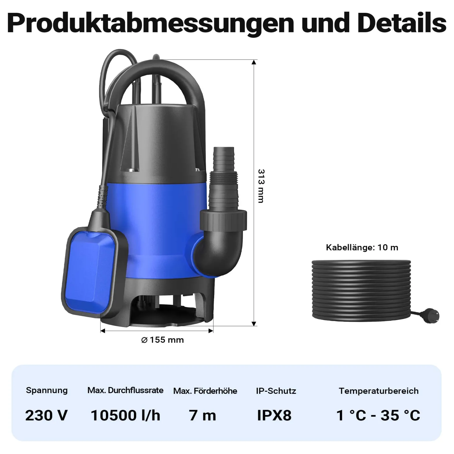 Schmutzwasserpumpe 550 W 10500 l/h Tauchpumpe Gartenpumpe Brunnenpumpe Entwässerungspumpe