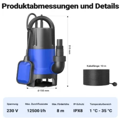Schmutzwasserpumpe 750 W 12500 l/h Tauchpumpe Gartenpumpe Brunnenpumpe Entwässerungspumpe