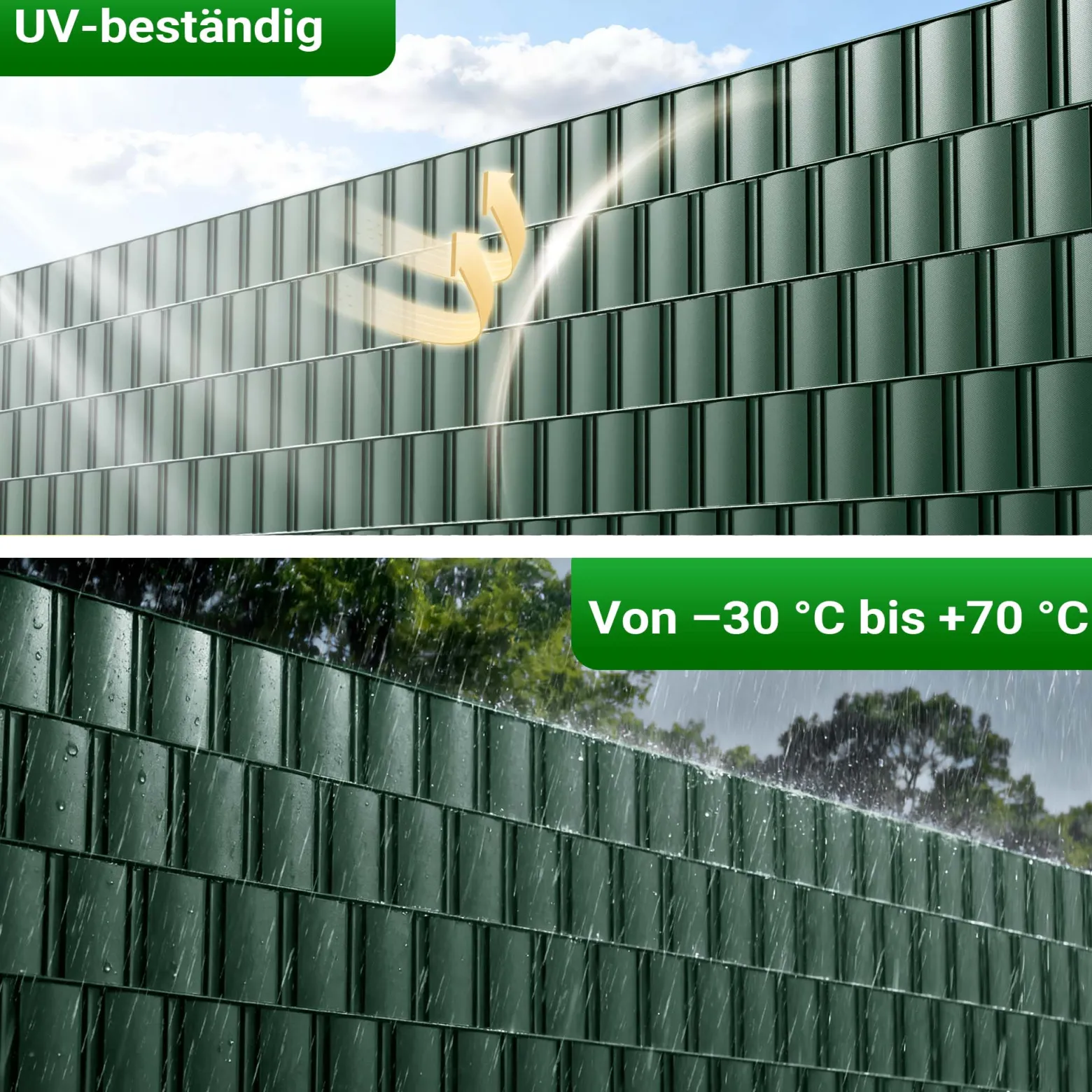 Sichtschutz Streifen, 35mx19cm grün aus PVC 650g/m², mit 20 Clips, Zaunfolie