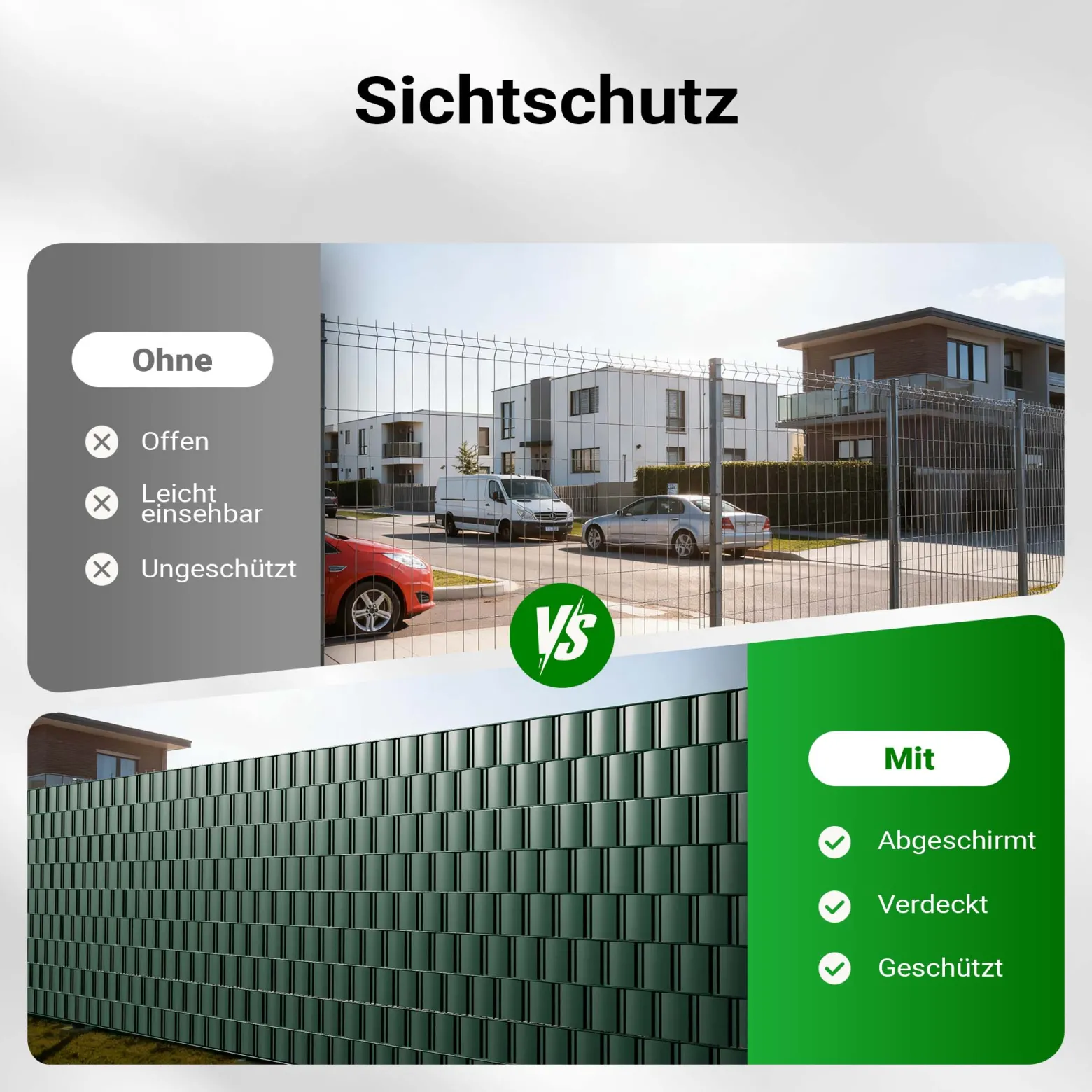 Sichtschutz Streifen, 35mx19cm grün aus PVC 650g/m², mit 20 Clips, Zaunfolie