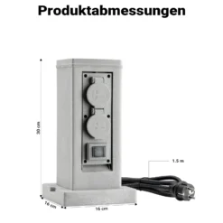Steckdosensäule 4fach in Granitoptik, IP44, Außensteckdose mit zwei Schaltern und 1,5m Kabel