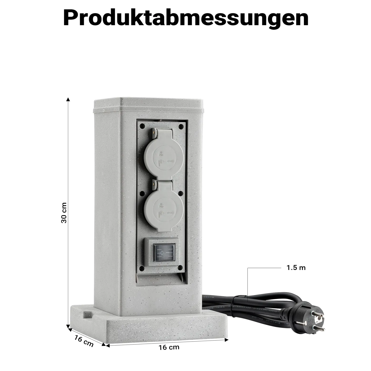 Steckdosensäule 4fach in Granitoptik, IP44, Außensteckdose mit zwei Schaltern und 1,5m Kabel