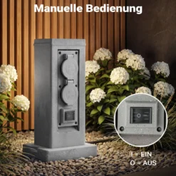 Steckdosensäule 4fach in Granitoptik, IP44, Außensteckdose mit zwei Schaltern und 1,5m Kabel