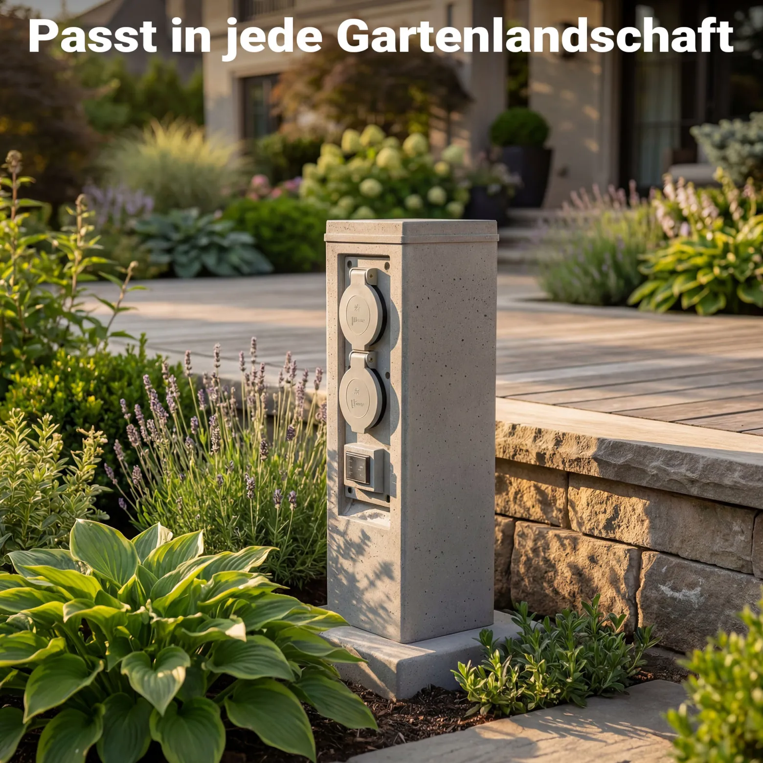 Steckdosensäule 4fach in Granitoptik, IP44, Außensteckdose mit zwei Schaltern und 1,5m Kabel