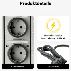 Steckdosensäule 4fach in Granitoptik, IP44, Außensteckdose mit zwei Schaltern und 1,5m Kabel