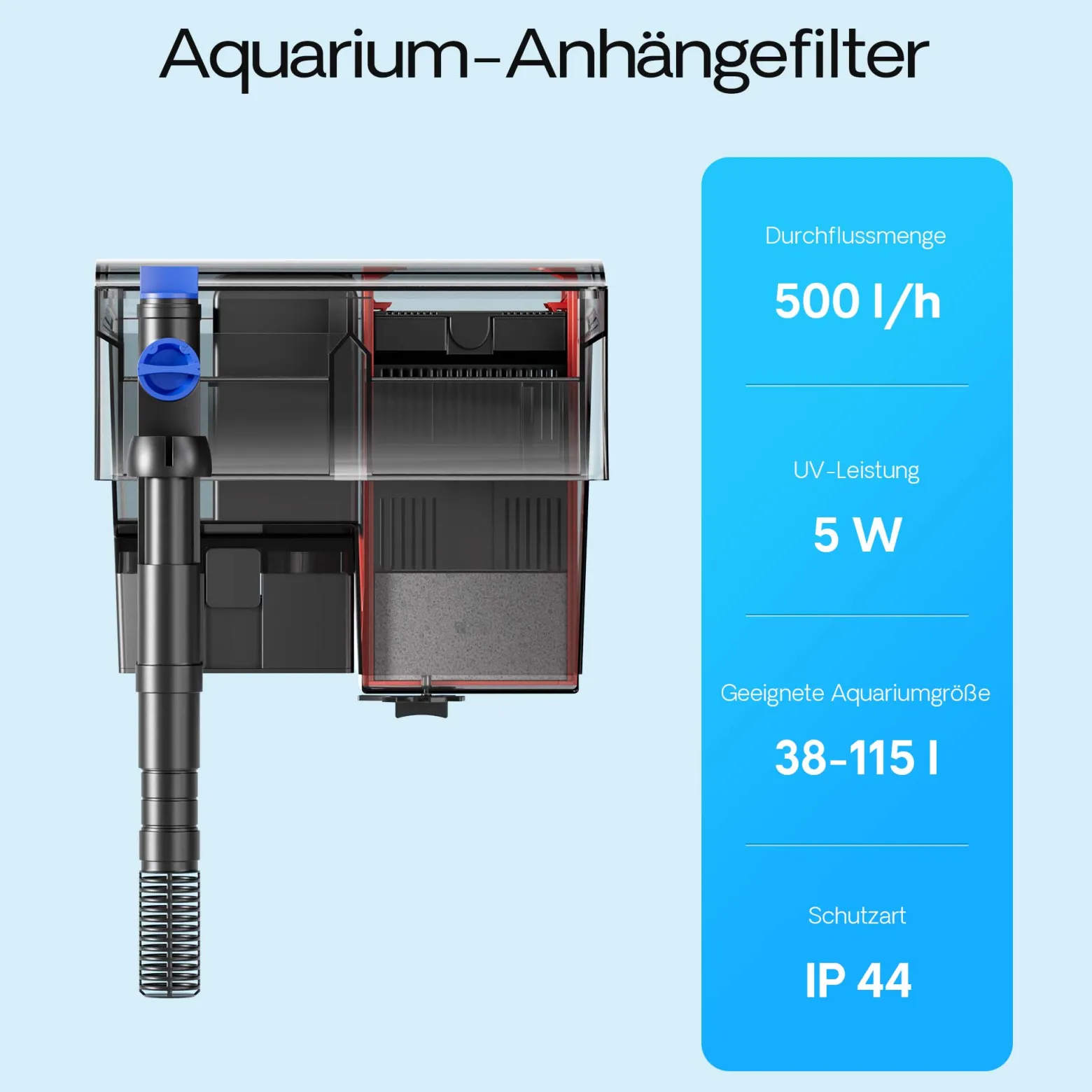SunSun CBG-500 Hang On Filter mit UVc-Lampe, Anhängefilter 500 l/h, für Aquarien bis 115 L