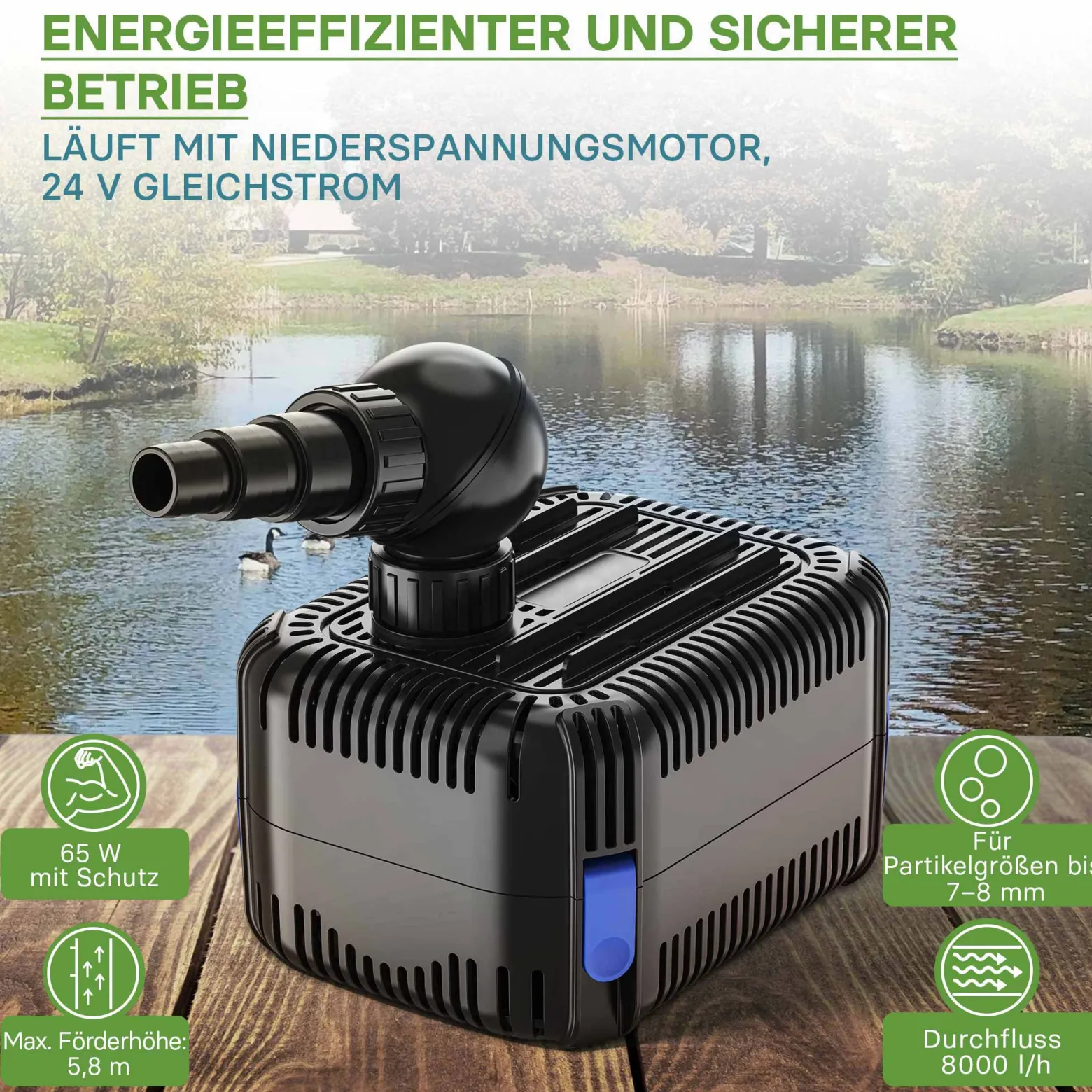 SunSun CDF-8000 Teichpumpe 24V DC / 8000 l/h / 65 W, mit integriertem Blockier- und Trockenlaufschutz