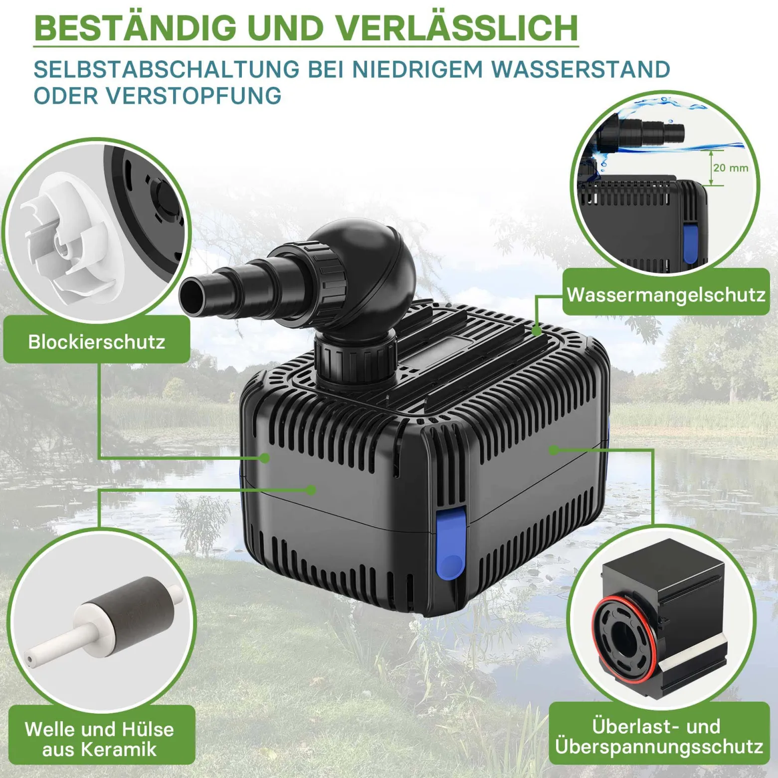 SunSun CDF-5800 Teichpumpe 24V DC / 5000 l/h / 40 W, Bachlaufpumpe mit integriertem Blockier- und Trockenlaufschutz, Gartenteichpumpe, Gleichstrompumpe