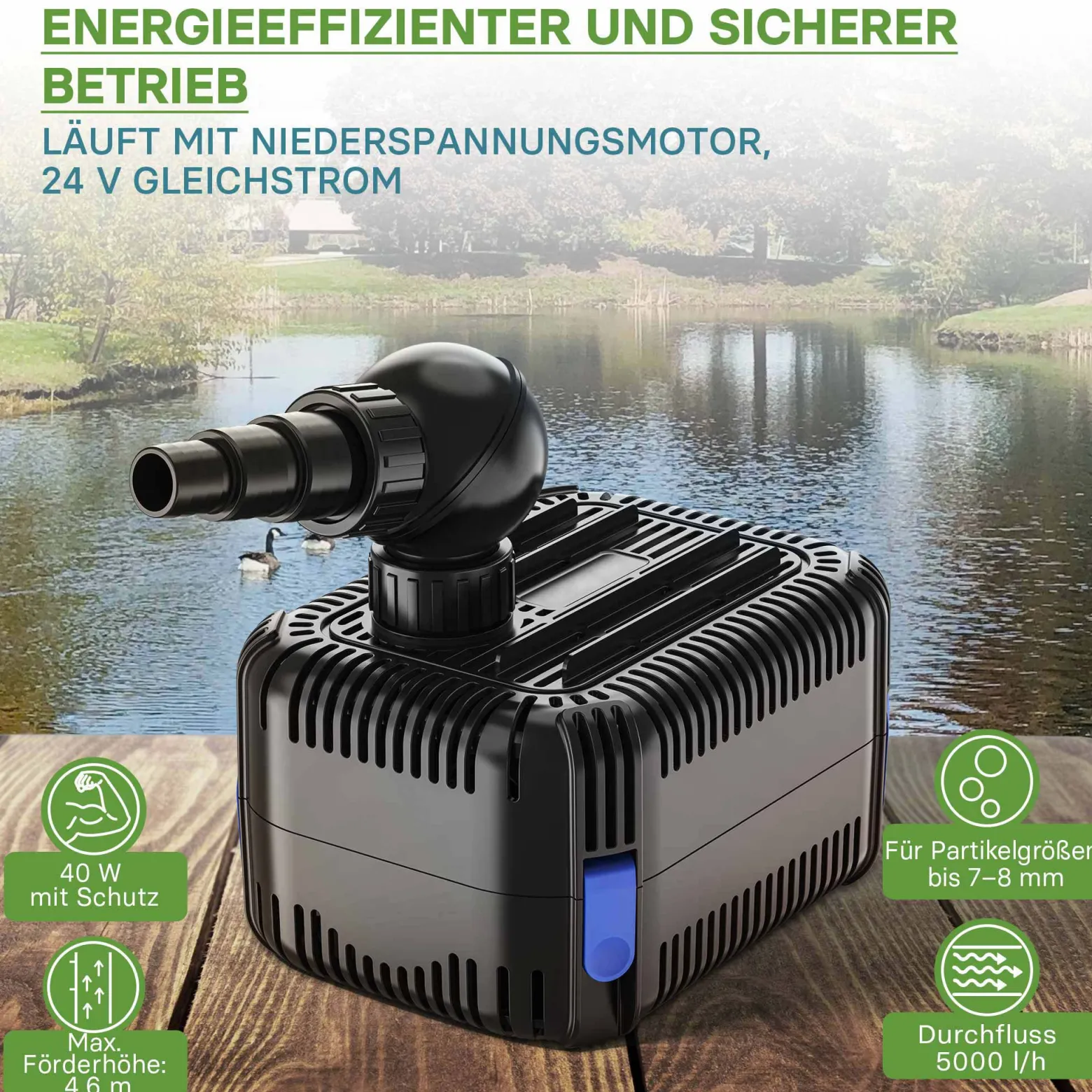 SunSun CDF-5800 Teichpumpe 24V DC / 5000 l/h / 40 W, Bachlaufpumpe mit integriertem Blockier- und Trockenlaufschutz, Gartenteichpumpe, Gleichstrompumpe