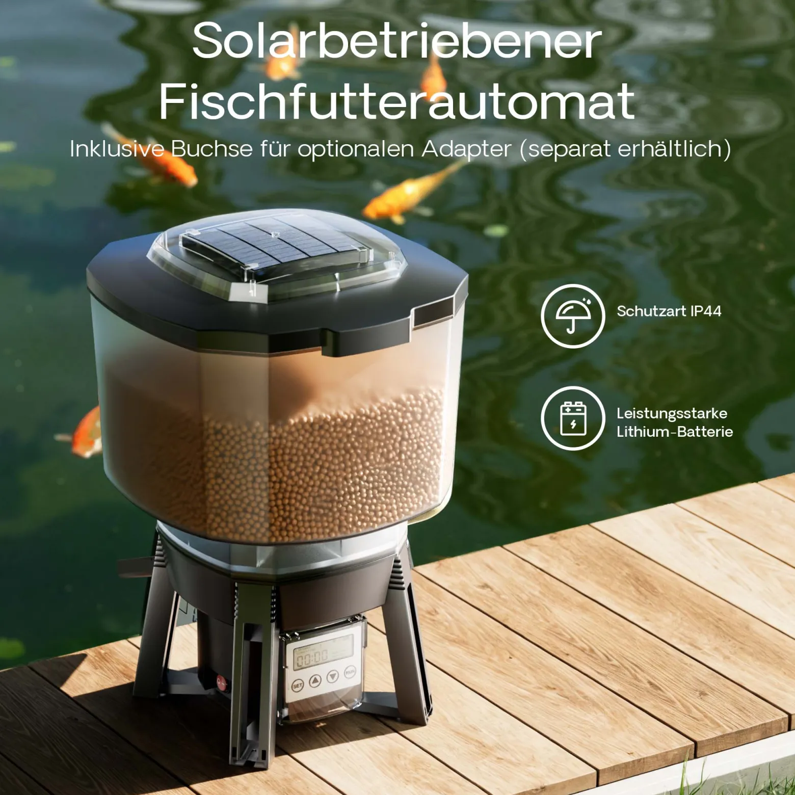 SunSun CFF-212 solarbetriebener Fischfutterautomat, programmierbarer Futterspender mit 12 Liter Behälter für 1 bis 6 Fütterungen pro Tag