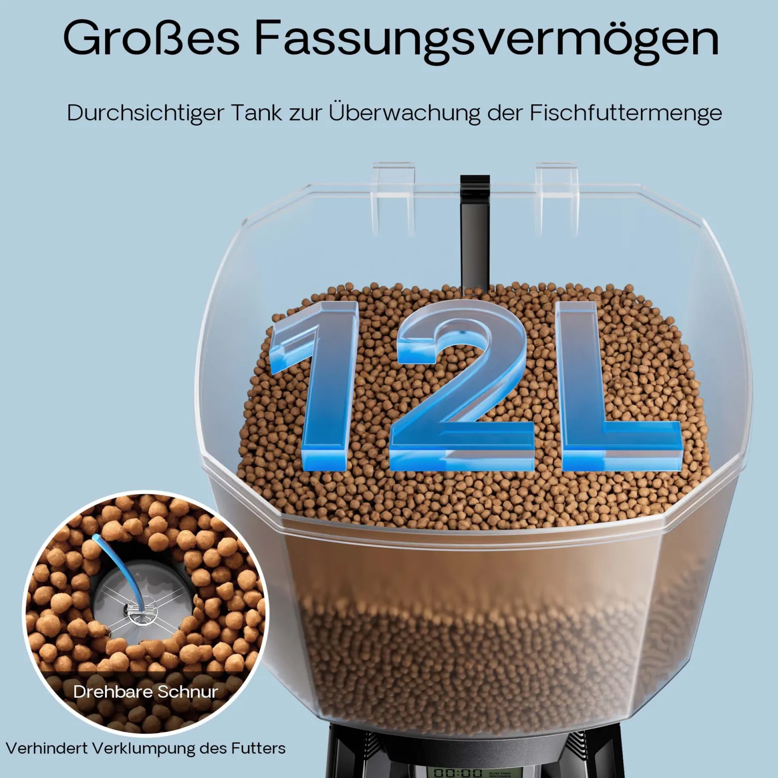 SunSun CFF-212 solarbetriebener Fischfutterautomat, programmierbarer Futterspender mit 12 Liter Behälter für 1 bis 6 Fütterungen pro Tag