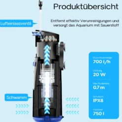 SunSun CUP-809 Aquarium Innenfilter 700 l/h 4in1 Filter mit Pumpe für Aquarium, UVC Klärer und Sauerstoffschlauch, mit Filterschwamm und Bioballs
