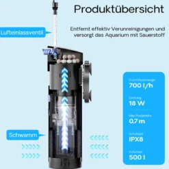 SunSun CUP-807 Aquarium Innenfilter 700 l/h 4in1 Filter mit Pumpe für Aquarium, UVC Klärer und Sauerstoffschlauch, mit Filterschwamm und Bioballs
