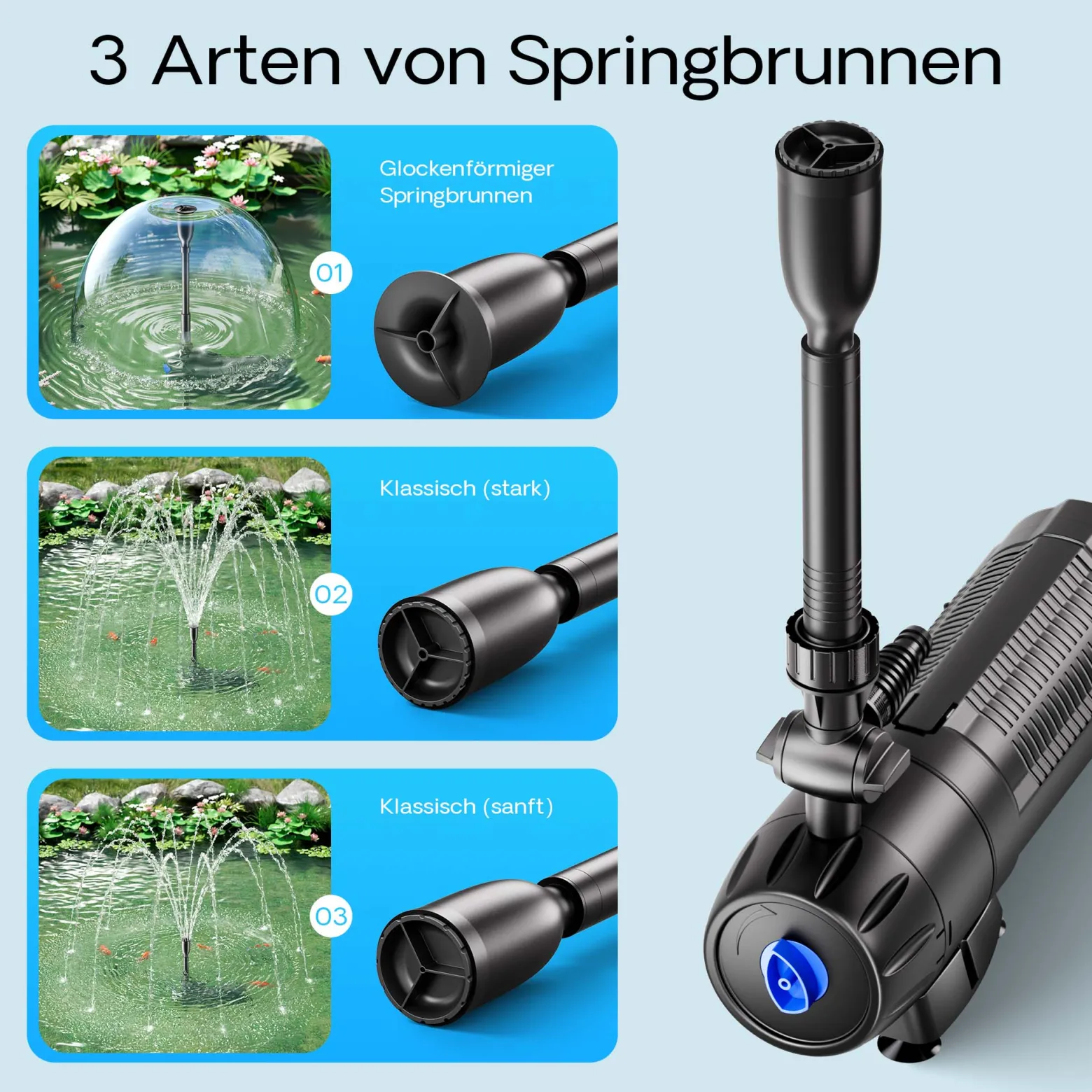 SunSun CUP-129 Springbrunnenpumpe mit Filter, 4 Fontänendüsen 1000l/h 24W und 9W UVC Klärer, Teichpumpe für Gartenteich Koiteich Biofilter