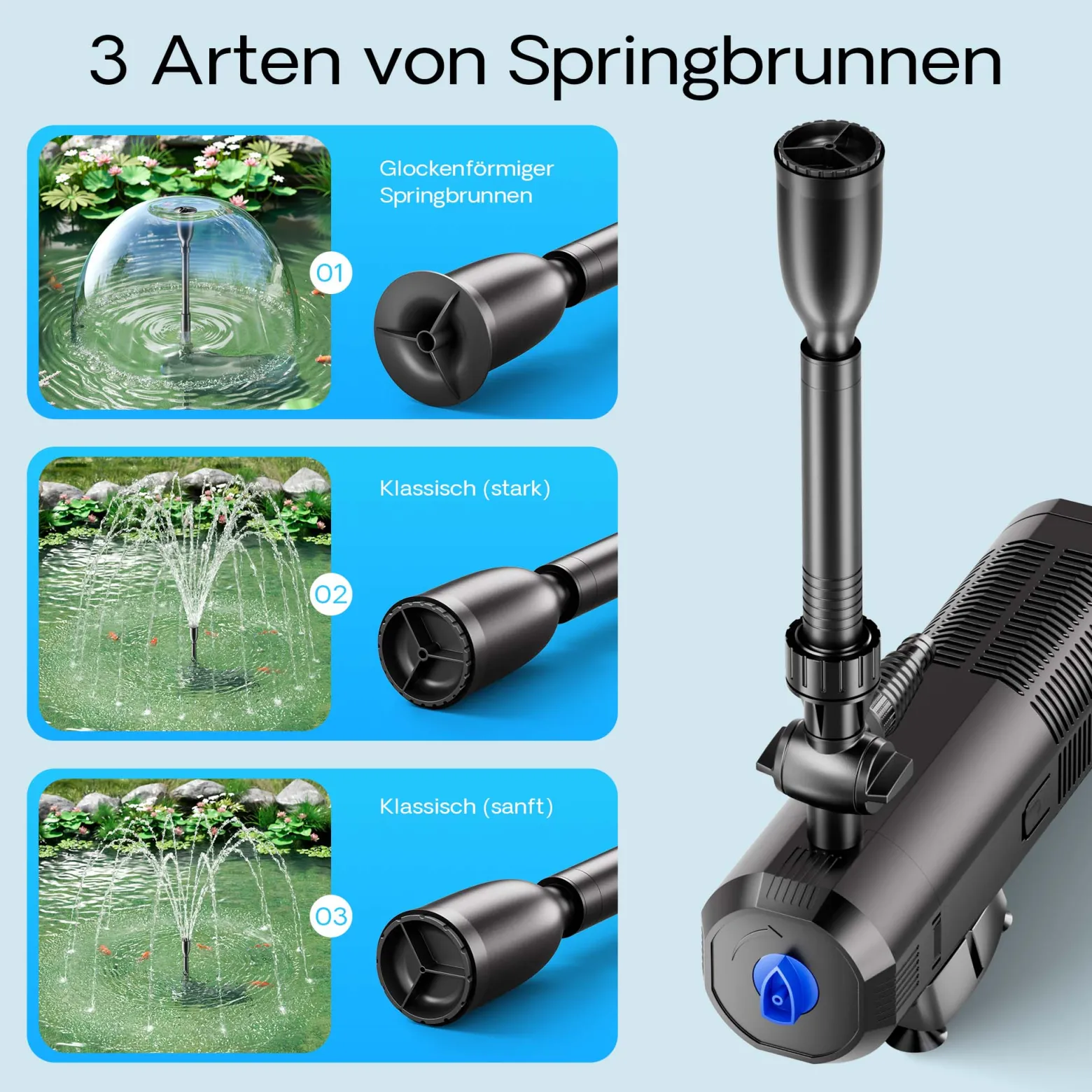 SunSun CUP-359 Springbrunnenpumpe mit Filter, 4 Fontänendüsen 2000l/h 45W und 9W UVC Klärer Teichpumpe für Gartenteich Koiteich Biofilter