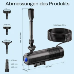 SunSun CUP-359 Springbrunnenpumpe mit Filter, 4 Fontänendüsen 2000l/h 45W und 9W UVC Klärer Teichpumpe für Gartenteich Koiteich Biofilter