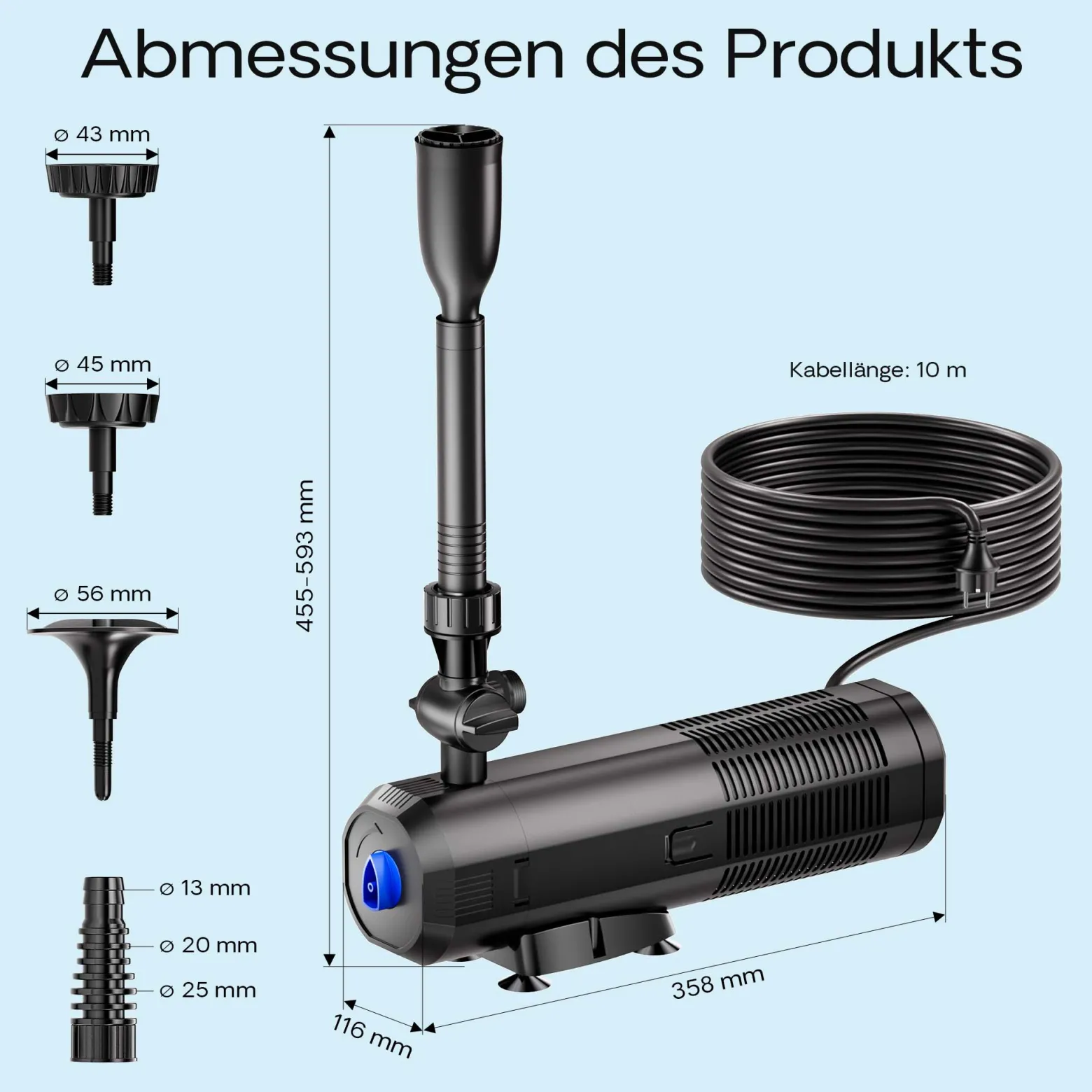 SunSun CUP-359 Springbrunnenpumpe mit Filter, 4 Fontänendüsen 2000l/h 45W und 9W UVC Klärer Teichpumpe für Gartenteich Koiteich Biofilter