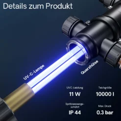 SunSun CUV-111 Teichklärer 1700 l/h / 11 W UVC, Vorklärgerät für Teichfilter & Teichpumpe, Wasserklärer mit UV-Lampe, Lichtfilter zur Algenbekämpfung