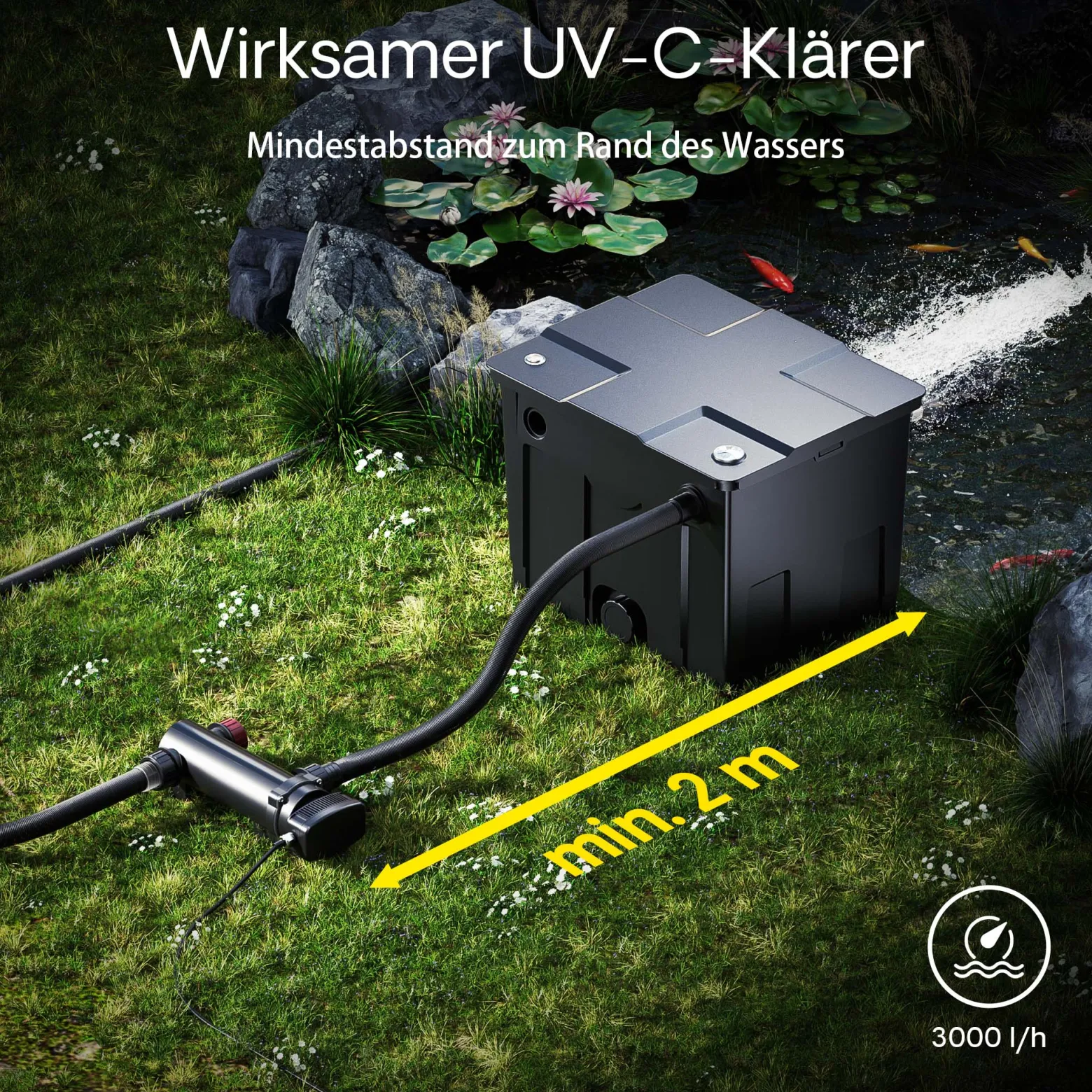 SunSun CUV-318 Teichklärer 3000 l/h / 18 W UVC Vorklärgerät für Teichfilter & Teichpumpe Wasserklärer mit UV-Lampe Lichtfilter zur Algenbekämpfung