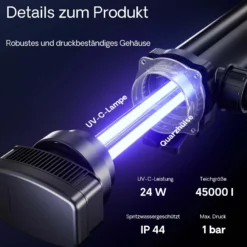 SunSun CUV-324 Teichklärer 5000 l/h / 24 W UVC, Vorklärgerät für Teichfilter & Teichpumpe, Wasserklärer mit UV-Lampe, Lichtfilter zur Algenbekämpfung