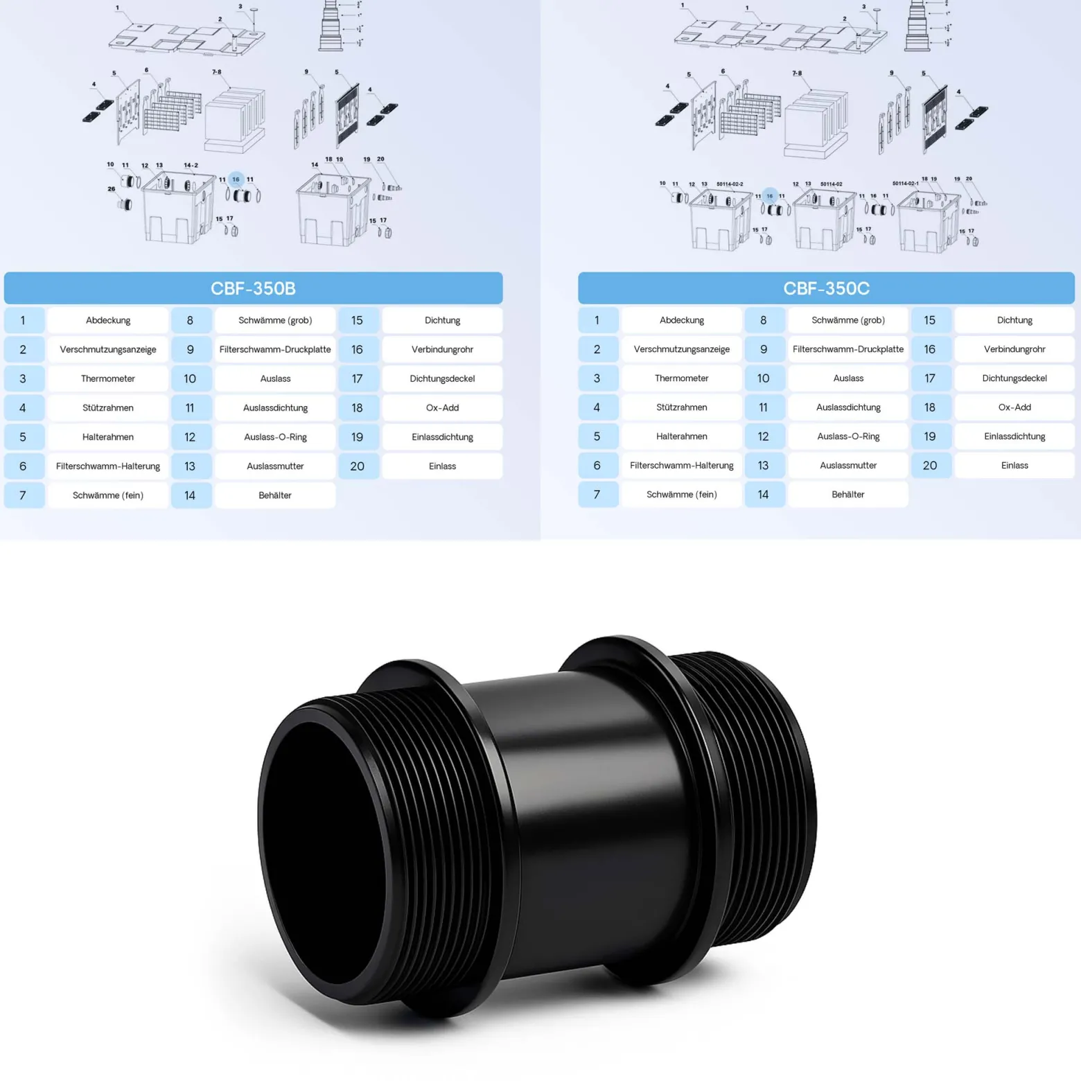 SunSun Ersatzteil Verbindungsstück für Bio Teichfilter CBF-350B - Durchlauffilter Teich bis 60.000 L Teichvolumen - bis 10000 l/h - 2 Kammer-System Teich Filter Biofilter Koiteich