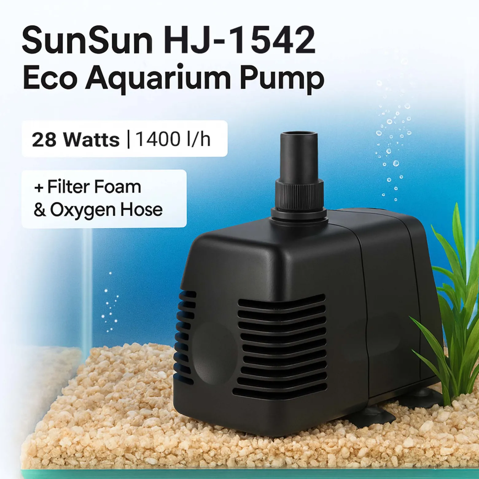 SunSun HJ-1542 ECO Aquarium Pumpe 1400 L/h 28 W kleine Aquariumpumpe mit Filterschwamm und Sauerstoffschlauch für Mini Aquarium