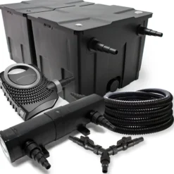 SunSun Komplettset: CBF-350B Teichfilter bis 60000 L Teichfilteranlage Durchlauffilter, NEO10000 Teichpumpe 10000l/h 80W, CUV-218 Teichklärer UVC Klärer mit 18W, 25m Teichschlauch 25 mm, Y-Verteiler
