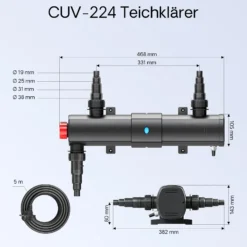 SunSun Komplettset: CBF-350B Teichfilter bis 60000 L, NEO10000 SuperECO Teichpumpe 10000l/h 80W, CUV-224 Teichklärer mit 24W, Y-Verteiler