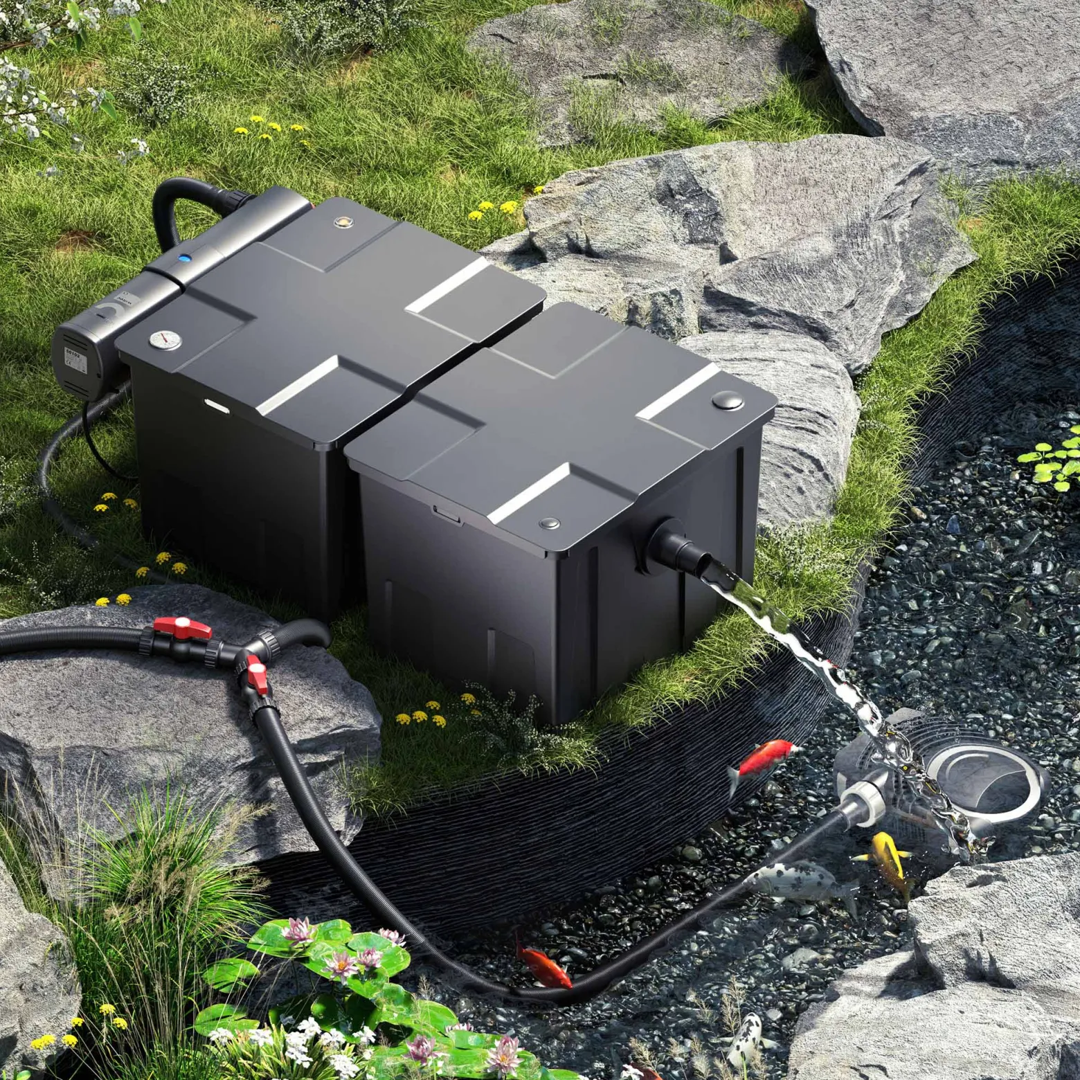 SunSun Komplettset: CBF-350B Teichfilter bis 60000 L Teichfilteranlage Durchlauffilter, NEO10000 Teichpumpe 10000l/h 80W, CUV-236 Teichklärer UVC Klärer mit 36W, 25m Teichschlauch 25 mm, Y-Verteiler