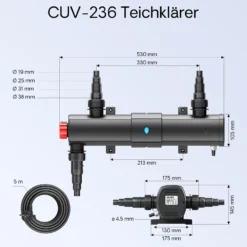 SunSun Komplettset: CBF-350B Teichfilter bis 60000 L Teichfilteranlage Durchlauffilter, NEO10000 Teichpumpe 10000l/h 80W, CUV-236 Teichklärer UVC Klärer mit 36W, 25m Teichschlauch 25 mm, Y-Verteiler