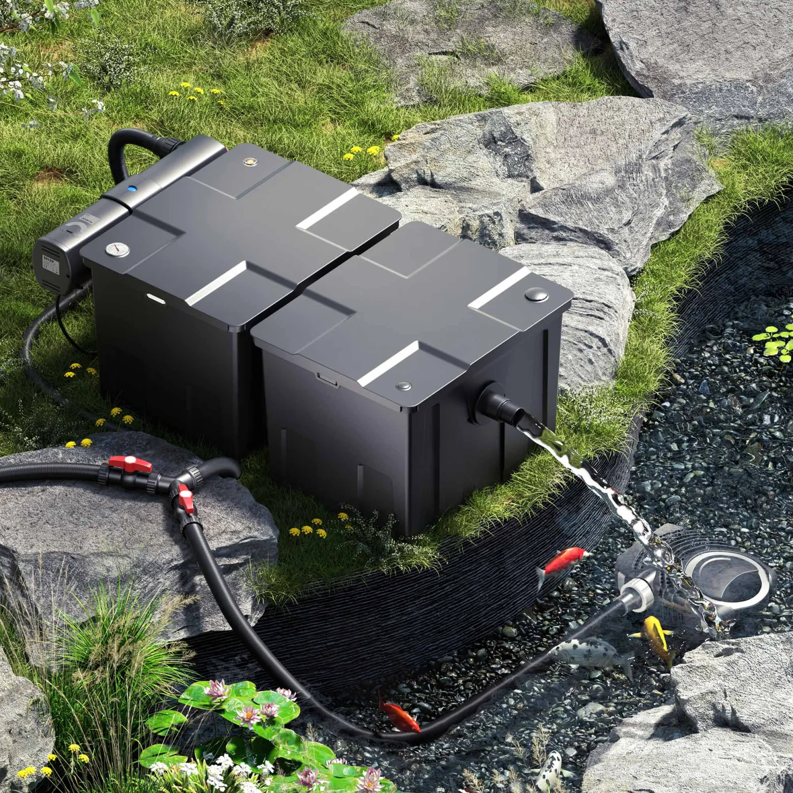 SunSun Komplettset: CBF-350B Teichfilter bis 60000 L Teichfilteranlage als Durchlauffilter, NEO10000 SuperECO Teichpumpe 10000l/h 80W, CUV-236 Teichklärer UVC Klärer mit 36W, Y-Verteiler