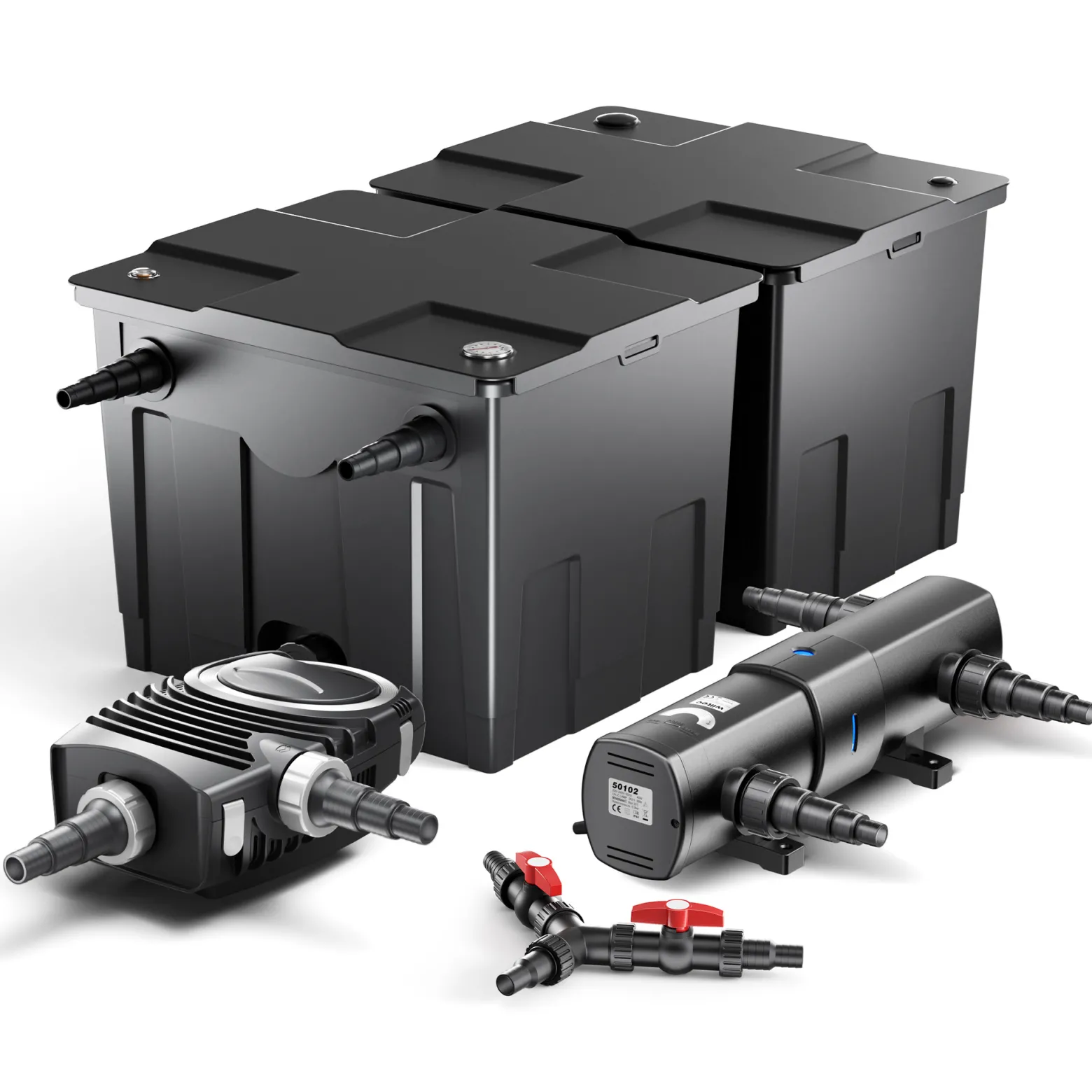 SunSun Komplettset: CBF-350B Teichfilter bis 60000 L Teichfilteranlage als Durchlauffilter, NEO10000 SuperECO Teichpumpe 10000l/h 80W, CUV-236 Teichklärer UVC Klärer mit 36W, Y-Verteiler