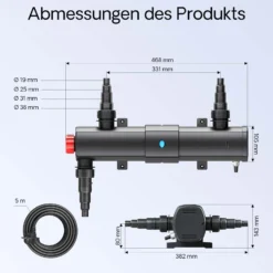 SunSun Komplettset: CBF-350B Teichfilter bis 60000 L Teichfilteranlage Durchlauffilter, NEO8000 Teichpumpe 8000l/h 70W, CUV-224 Teichklärer 24W, 10m Teichschlauch 38 mm, Schlauchschellen W1 44-47mm