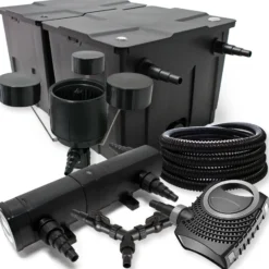 SunSun Komplettset: CBF-350B Teichfilter bis 60000 L Teichfilteranlage, NEO10000 Teichpumpe 10000l/h 80W, CUV-236 Teichklärer 36W, 25m Teichschlauch 25 mm, CSP-250 Skimmer 2500l/h 45W, Y-Verteiler