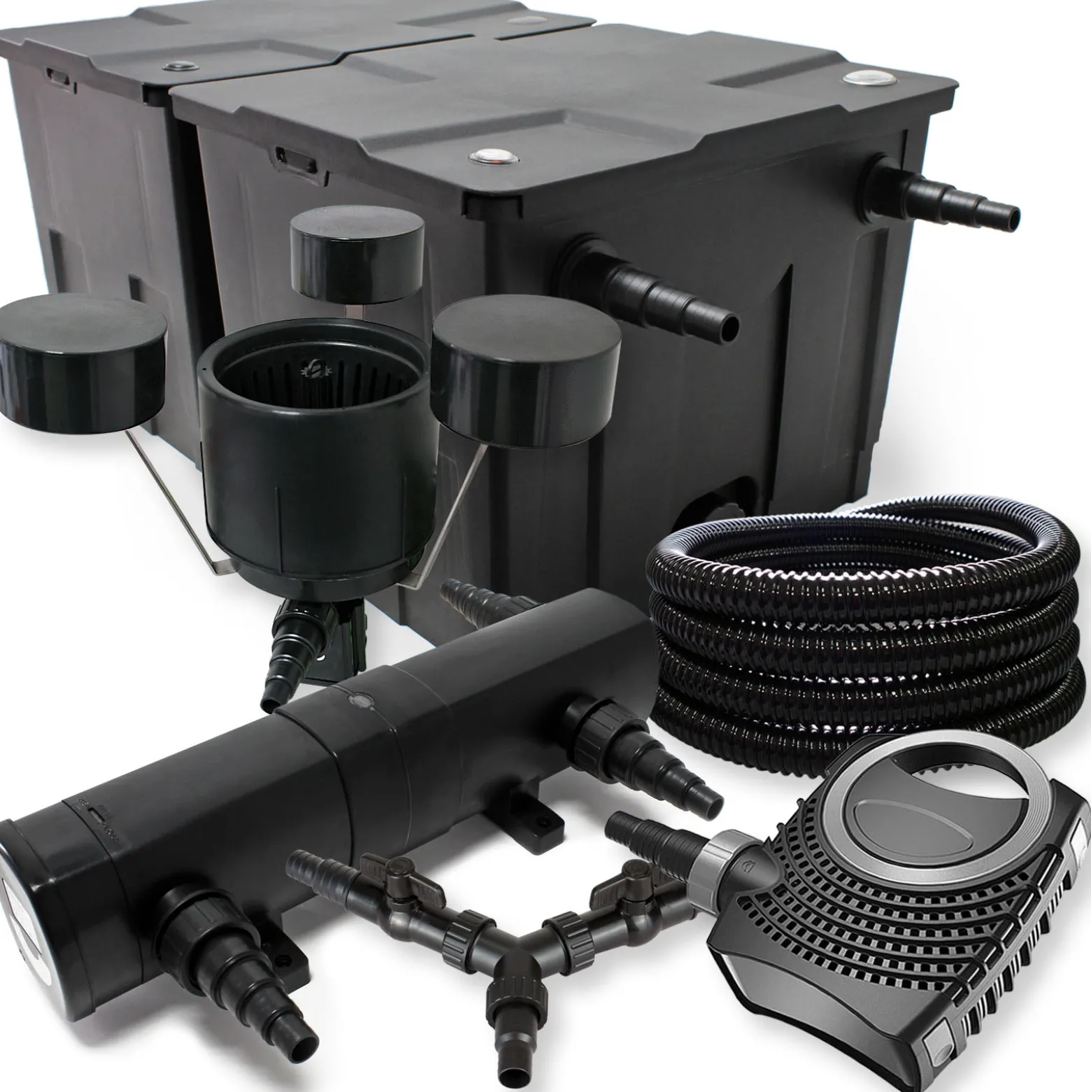 SunSun Komplettset: CBF-350B Teichfilter bis 60000 L Teichfilteranlage, NEO10000 Teichpumpe 10000l/h 80W, CUV-236 Teichklärer 36W, 25m Teichschlauch 25 mm, CSP-250 Skimmer 2500l/h 45W, Y-Verteiler