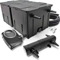 SunSun Komplettset: CBF-350B Teichfilter bis 60000 L Teichfilteranlage Durchlauffilter, NEO6000 Teichpumpe 6000l/h 40W, CUV-224 Teichklärer 24W, 5m Teichschlauch 38 mm, Schlauchschellen W1 44-47mm