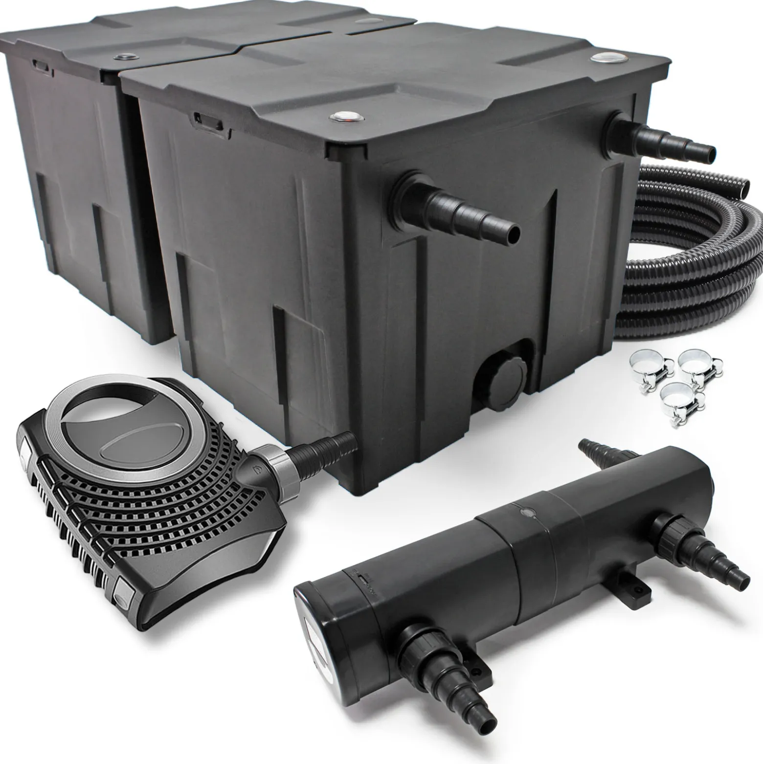 SunSun Komplettset: CBF-350B Teichfilter bis 60000 L Teichfilteranlage Durchlauffilter, NEO6000 Teichpumpe 6000l/h 40W, CUV-224 Teichklärer 24W, 5m Teichschlauch 38 mm, Schlauchschellen W1 44-47mm