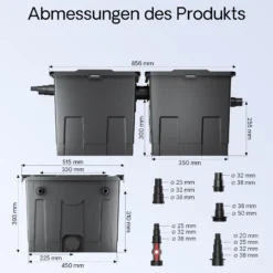 SunSun Komplettset: CBF-350B Teichfilter bis 60000 L Teichfilteranlage Durchlauffilter, NEO10000 Teichpumpe 10000l/h 80W, CUV-236 Teichklärer 36W, 10m Teichschlauch 38 mm, Schlauchschellen W1 44-47mm