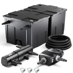 SunSun Komplettset: CBF-350B Teichfilter bis 60000 L Teichfilteranlage Durchlauffilter, NEO10000 Teichpumpe 10000l/h 80W, CUV-224 Teichklärer 24W, 10m Teichschlauch 38 mm, Schlauchschellen W1 44-47mm